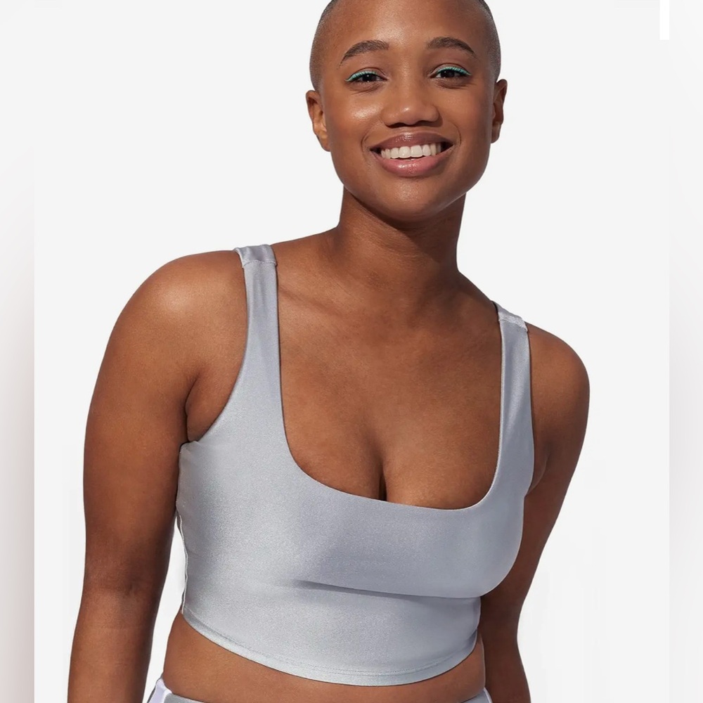 Eleven by Venus Williams Shimmer Midi Plunging Neck Tank Silver Color        NWT